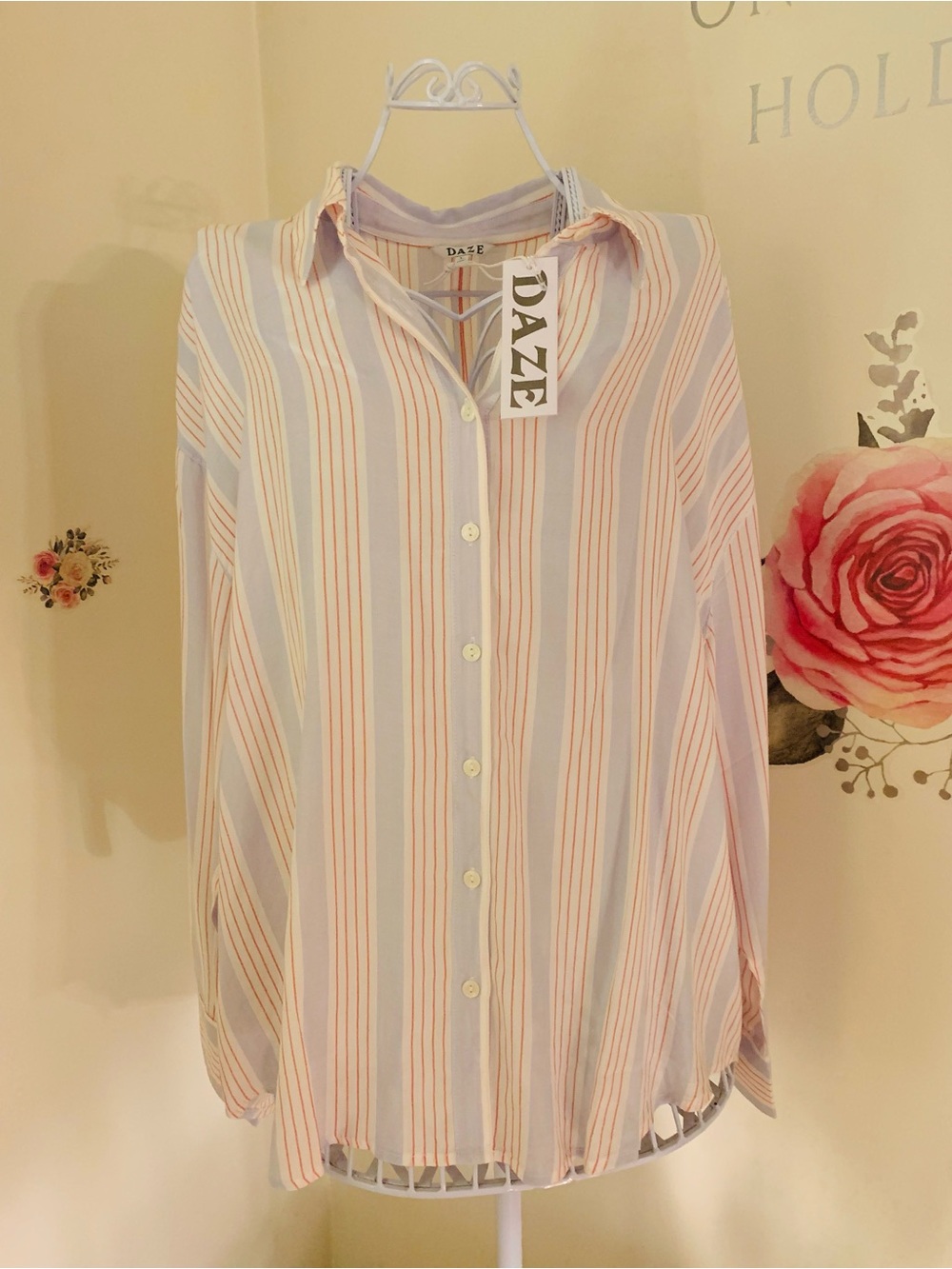 DAZE Button Down Shirt Pink Blue Cotton Candy Stripe Large Boyfriend Shirt Rayon